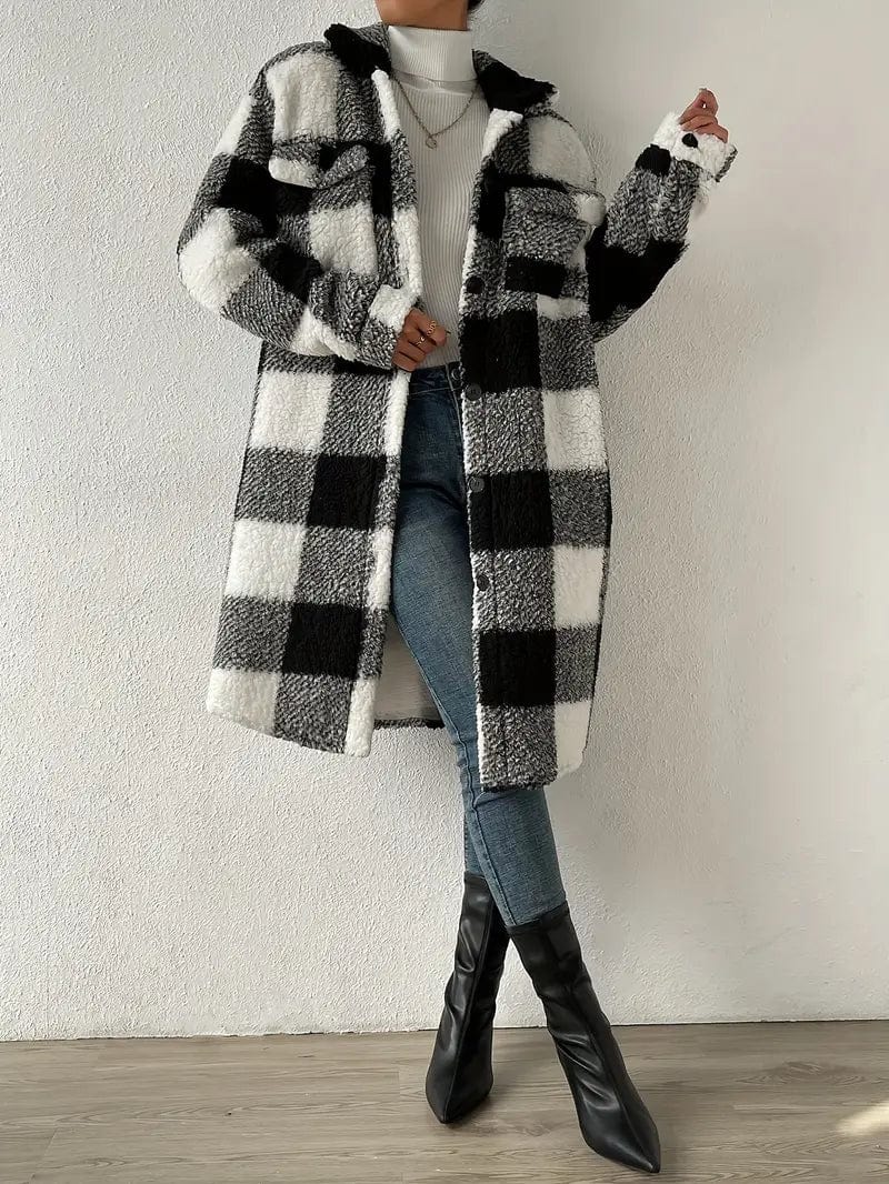 Plaid Pattern Teddy Coat, Stylish Open Front Long Sleeve Outerwear, Women's Garment