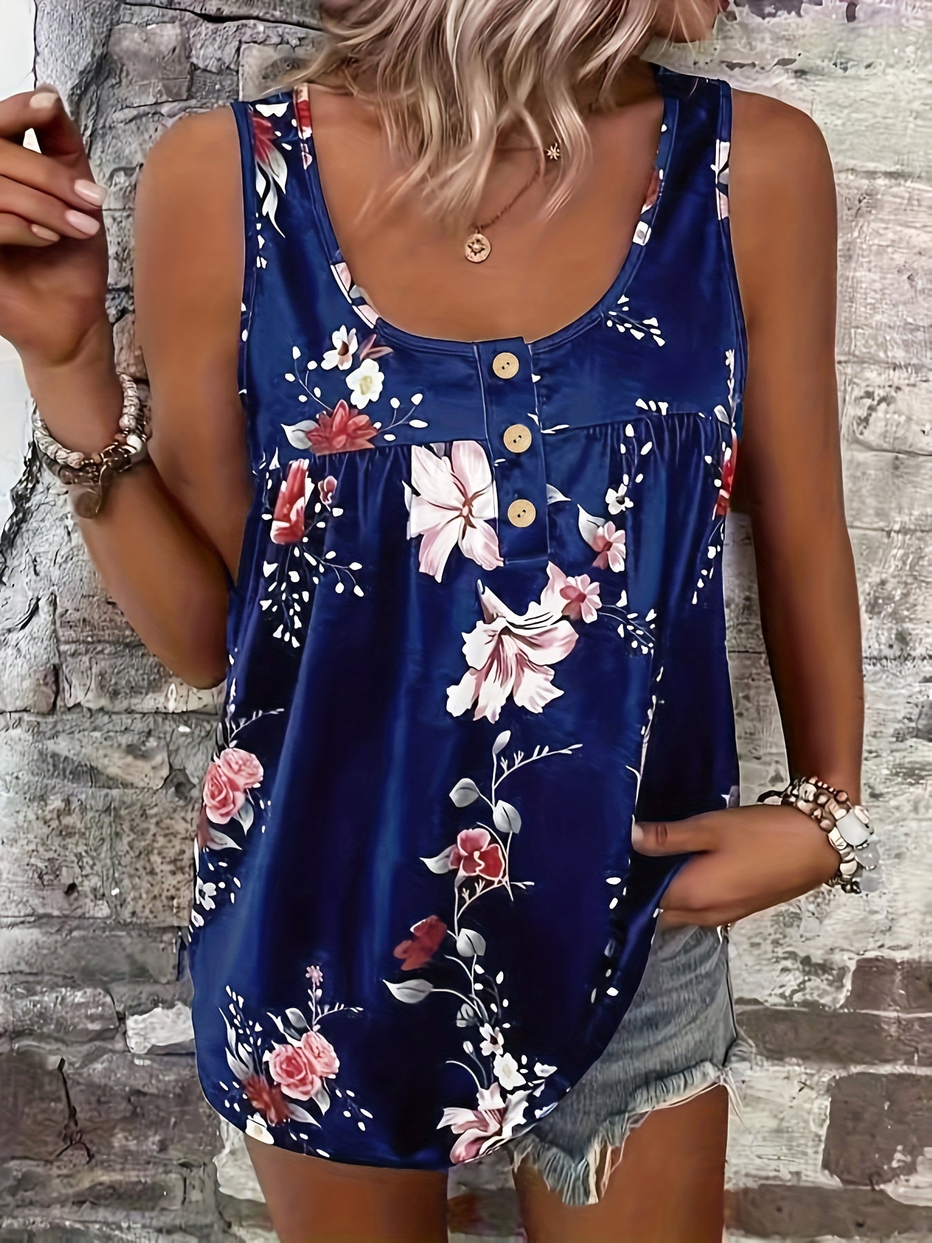 Floral Print Plus Size Henley Tank Top for Women