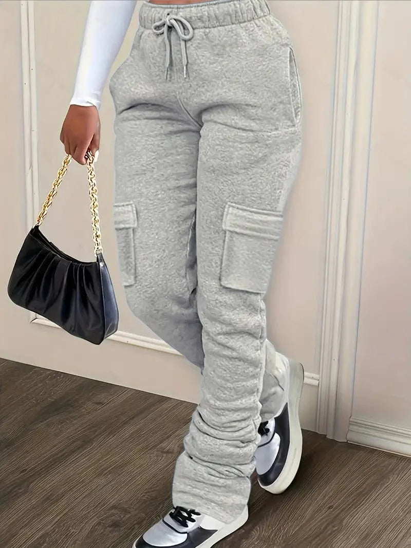 Ruched Solid Pants, Long-Length Casual Drawstring Bottoms, Women's Apparel