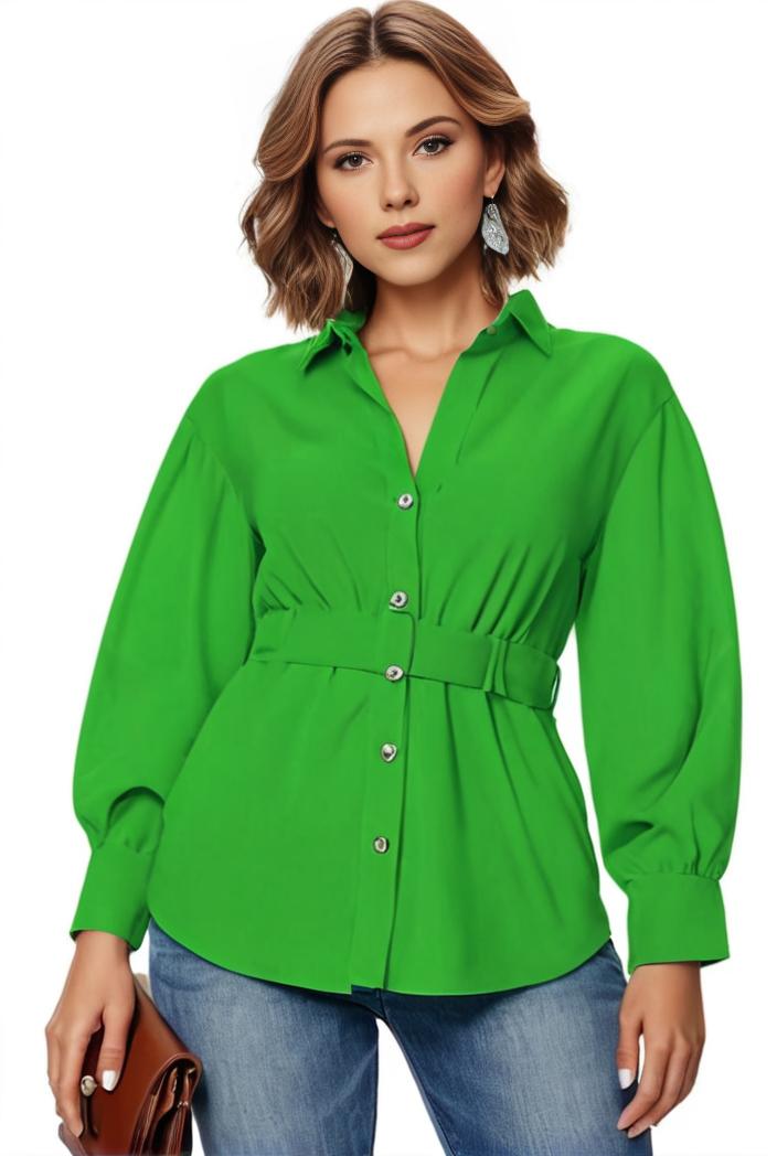plus size casual blouse women s plus solid button up lantern sleeve turn down collar nipped waist blouse 145023