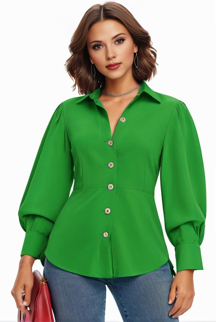 plus size casual blouse women s plus solid button up lantern sleeve turn down collar nipped waist blouse 145025
