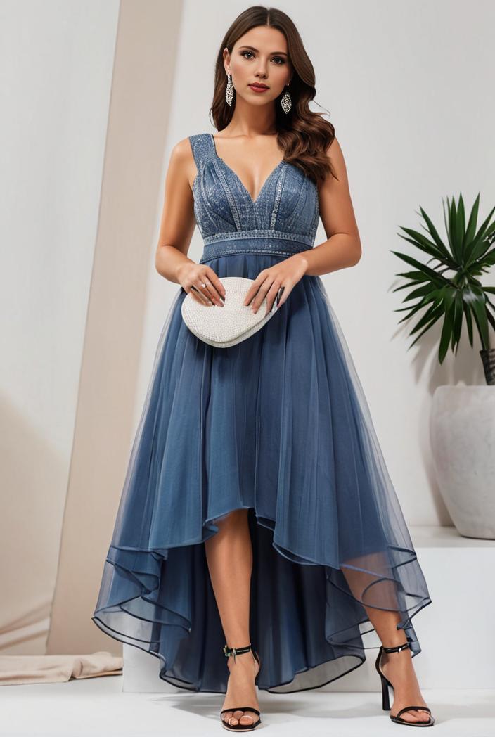 plus size sequin high low deep v neck tulle evening dresses 147049