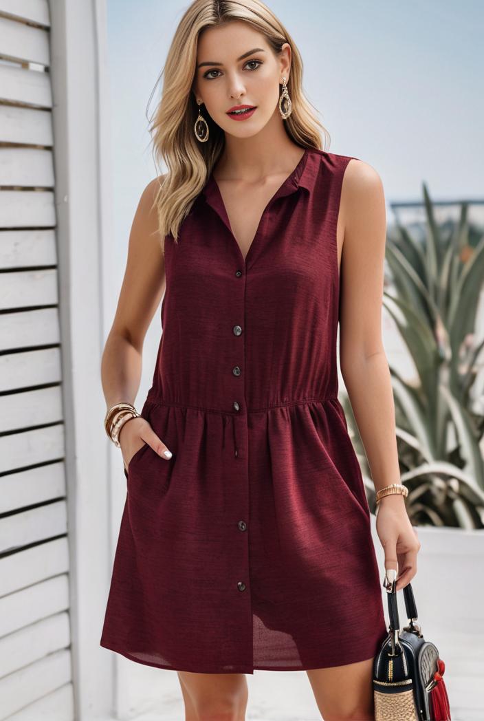 pom v neck solid color sleeveless mini dress 119698