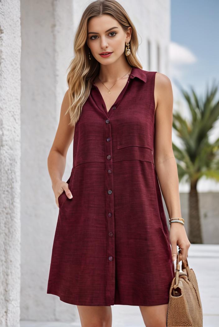 pom v neck solid color sleeveless mini dress 119703