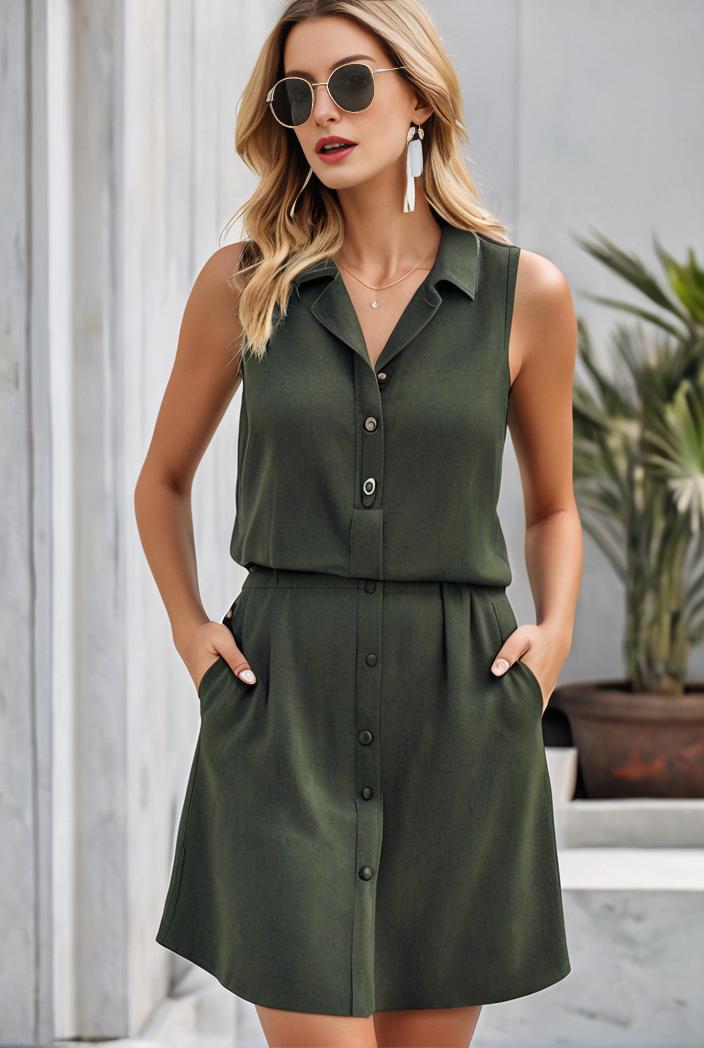 pom v neck solid color sleeveless mini dress 119713