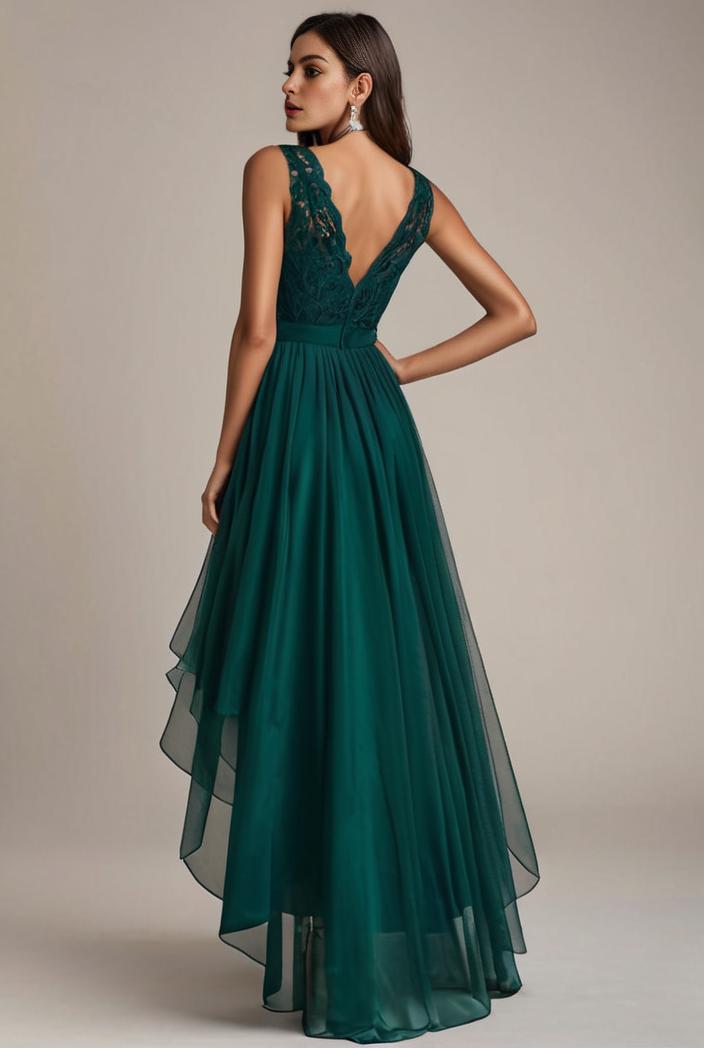 sequin bodice tulle high low evening dress with ribbon waist 120225
