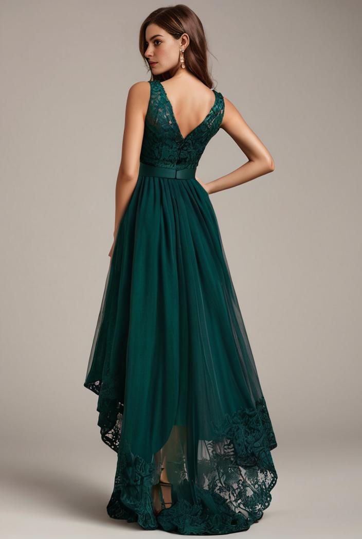 sequin bodice tulle high low evening dress with ribbon waist 120226