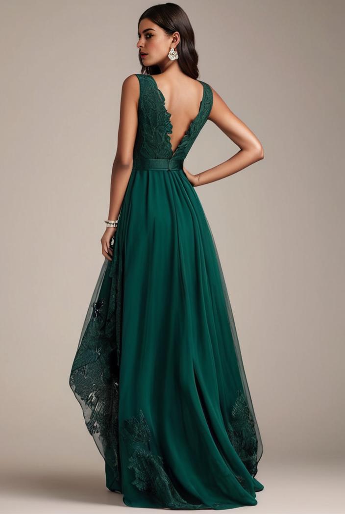 sequin bodice tulle high low evening dress with ribbon waist 120227