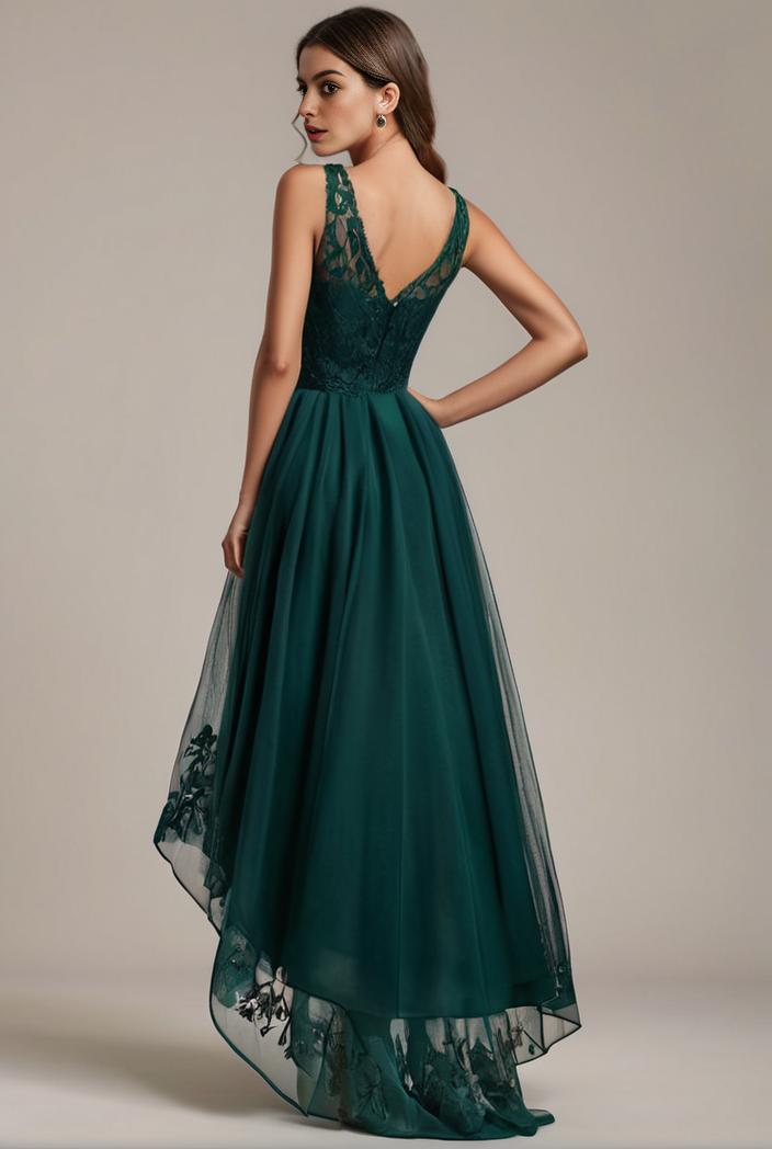 sequin bodice tulle high low evening dress with ribbon waist 120229