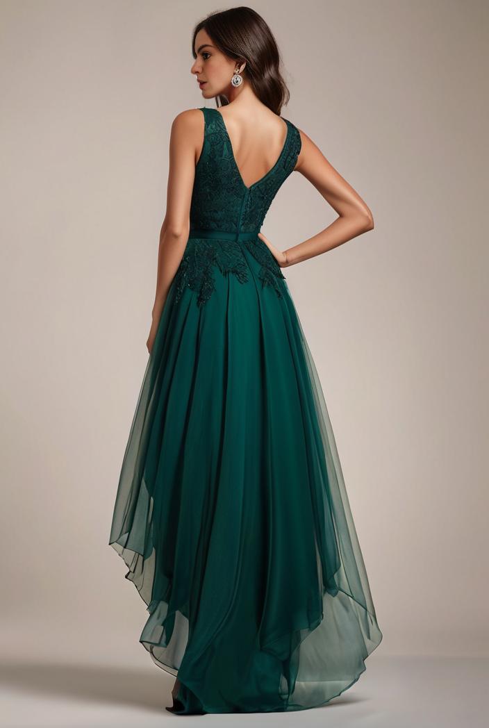 sequin bodice tulle high low evening dress with ribbon waist 120230
