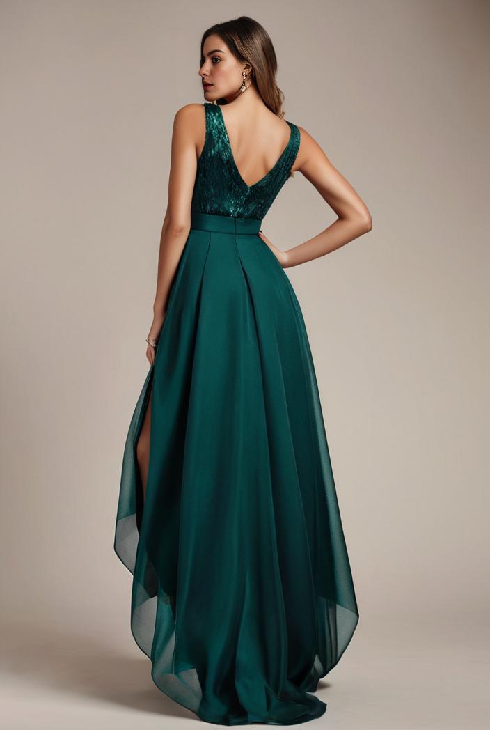 sequin bodice tulle high low evening dress with ribbon waist 120231