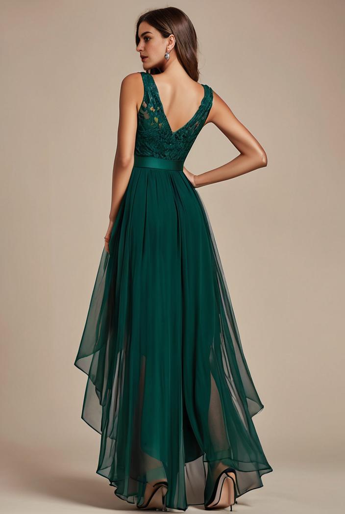 sequin bodice tulle high low evening dress with ribbon waist 120232