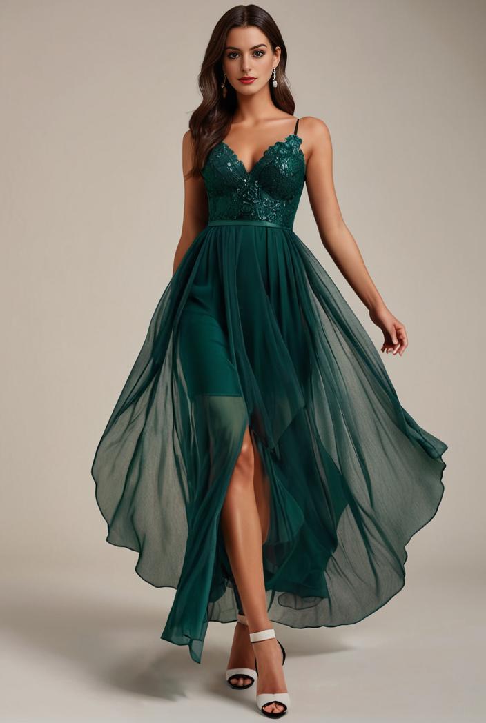 sequin bodice tulle high low evening dress with ribbon waist 120234