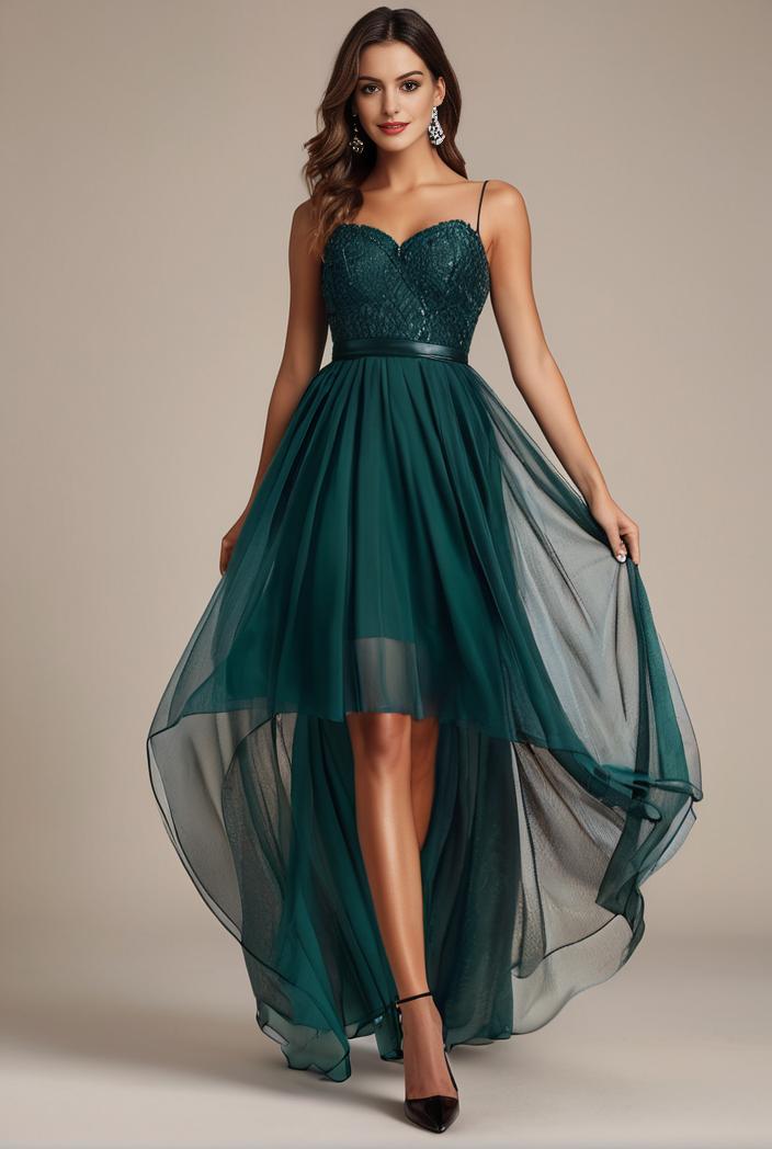 sequin bodice tulle high low evening dress with ribbon waist 120236