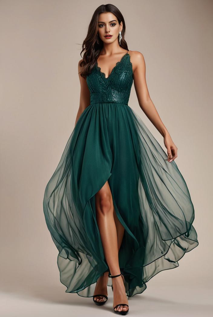 sequin bodice tulle high low evening dress with ribbon waist 120239