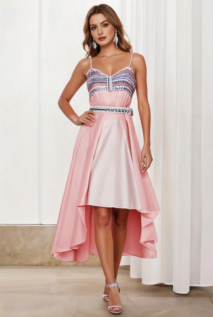 sequin bodice tulle high low evening dress with ribbon waist 120246