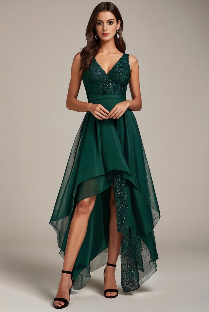 sequin bodice tulle high low evening dress with ribbon waist 120250