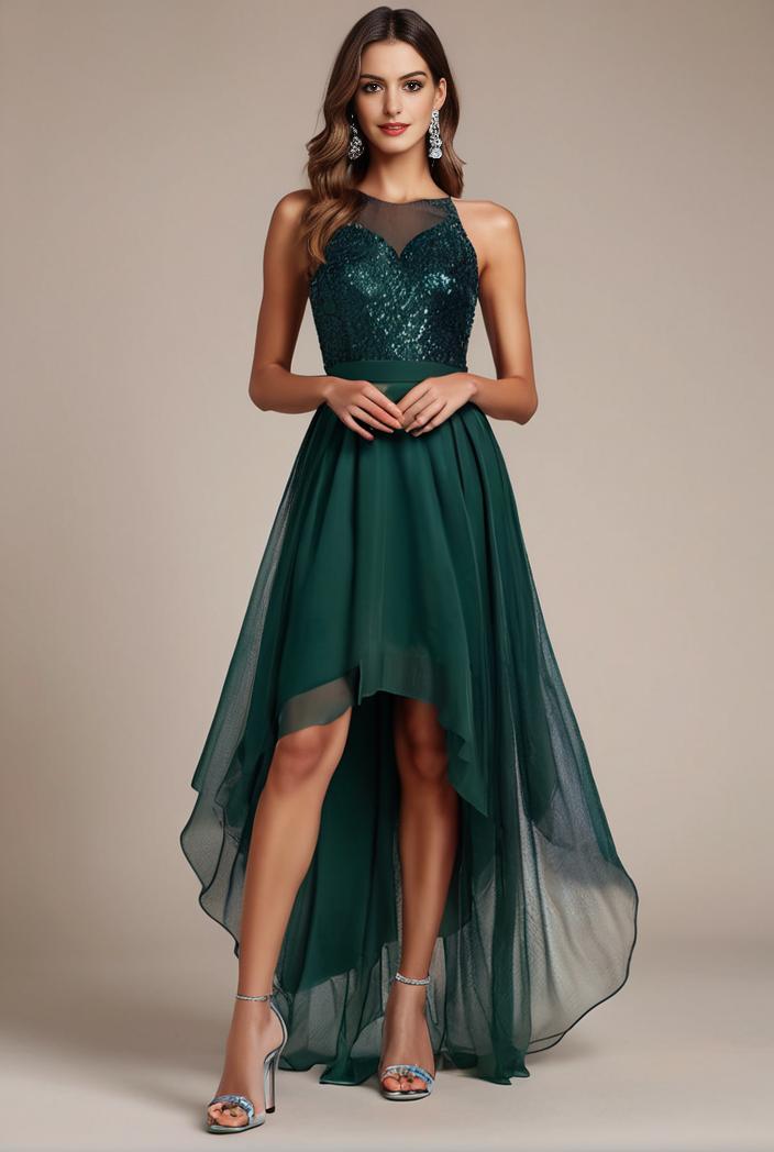 sequin bodice tulle high low evening dress with ribbon waist 120252