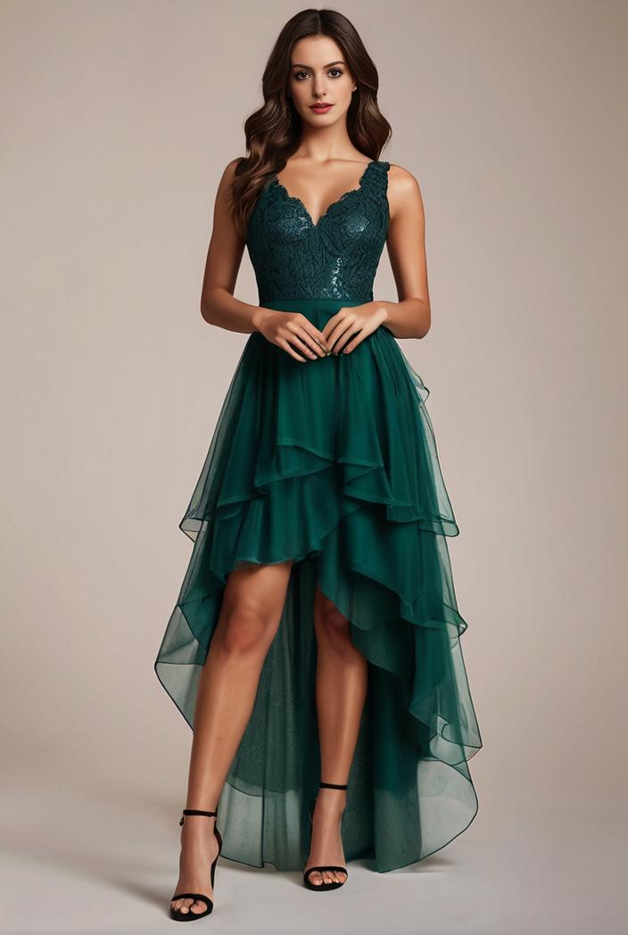 sequin bodice tulle high low evening dress with ribbon waist 120254