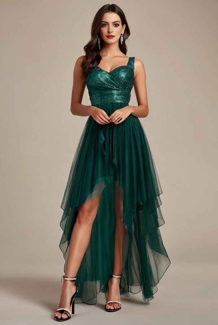 sequin bodice tulle high low evening dress with ribbon waist 120256