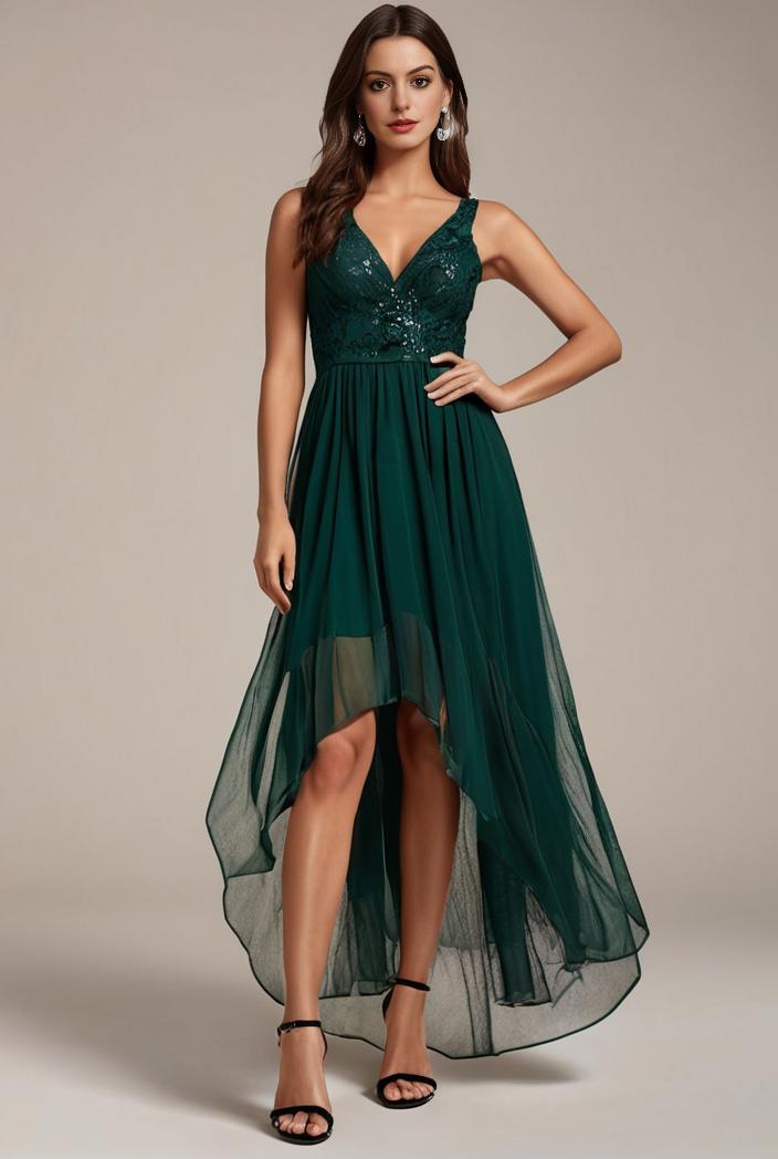 sequin bodice tulle high low evening dress with ribbon waist 120266