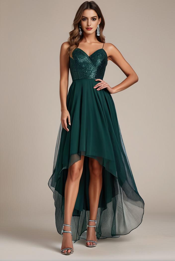 sequin bodice tulle high low evening dress with ribbon waist 120268