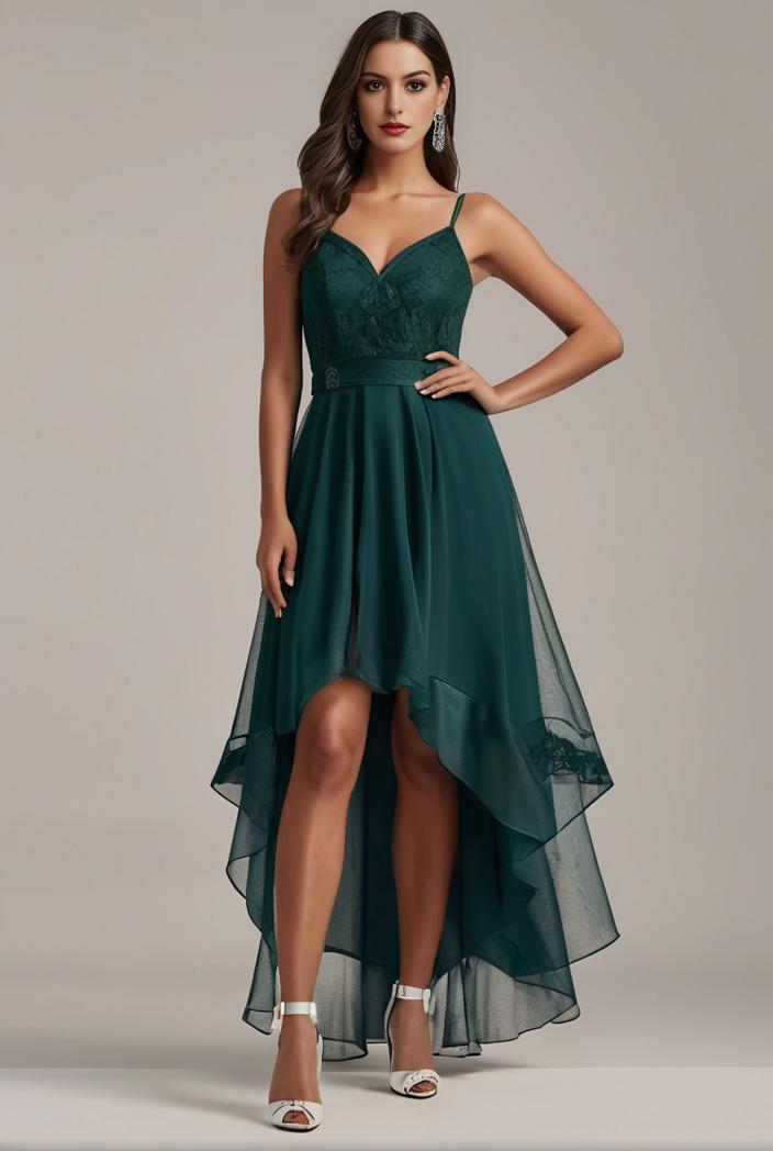 sequin bodice tulle high low evening dress with ribbon waist 120269