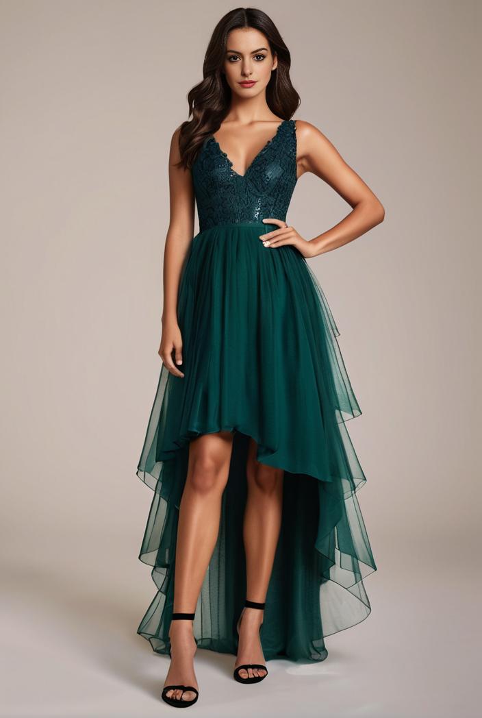 sequin bodice tulle high low evening dress with ribbon waist 120270