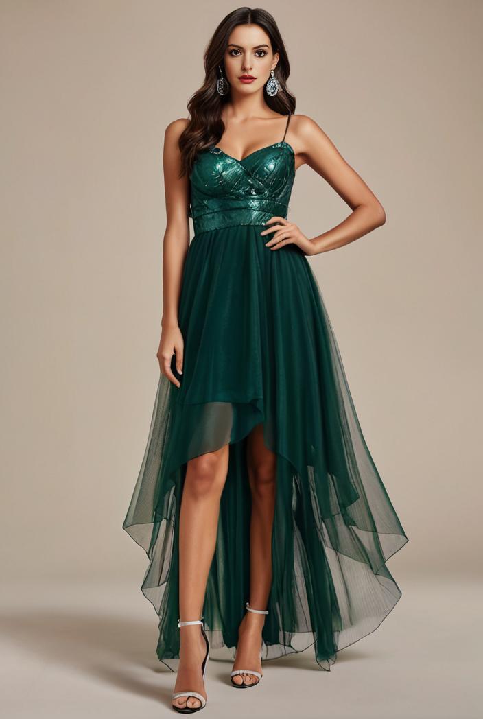 sequin bodice tulle high low evening dress with ribbon waist 120272