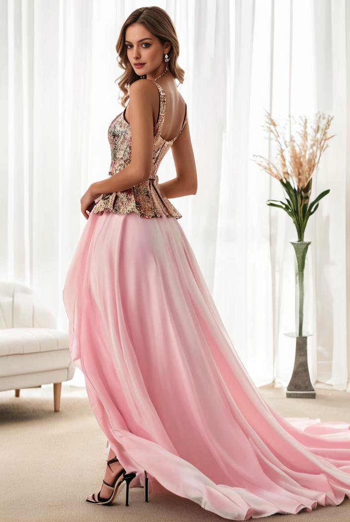 sequin bodice tulle high low evening dress with ribbon waist 120286