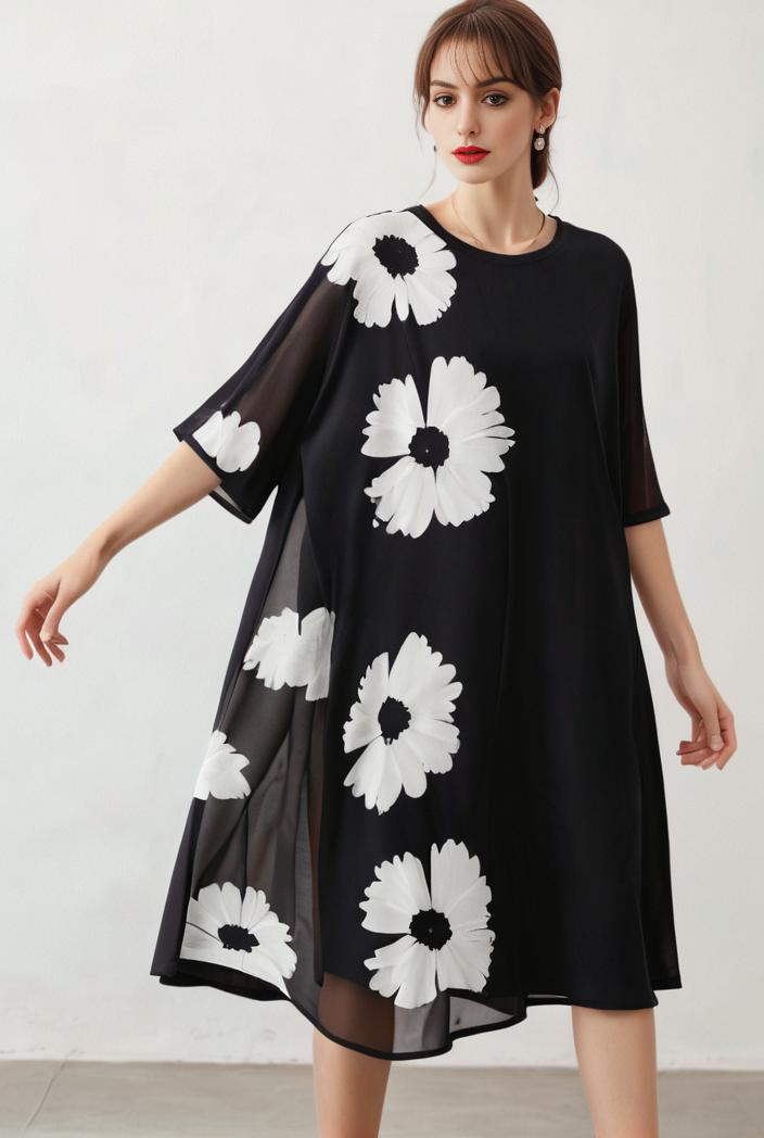 size curve dresses plus size loose elegant floral pattern stitching midi dress 122177