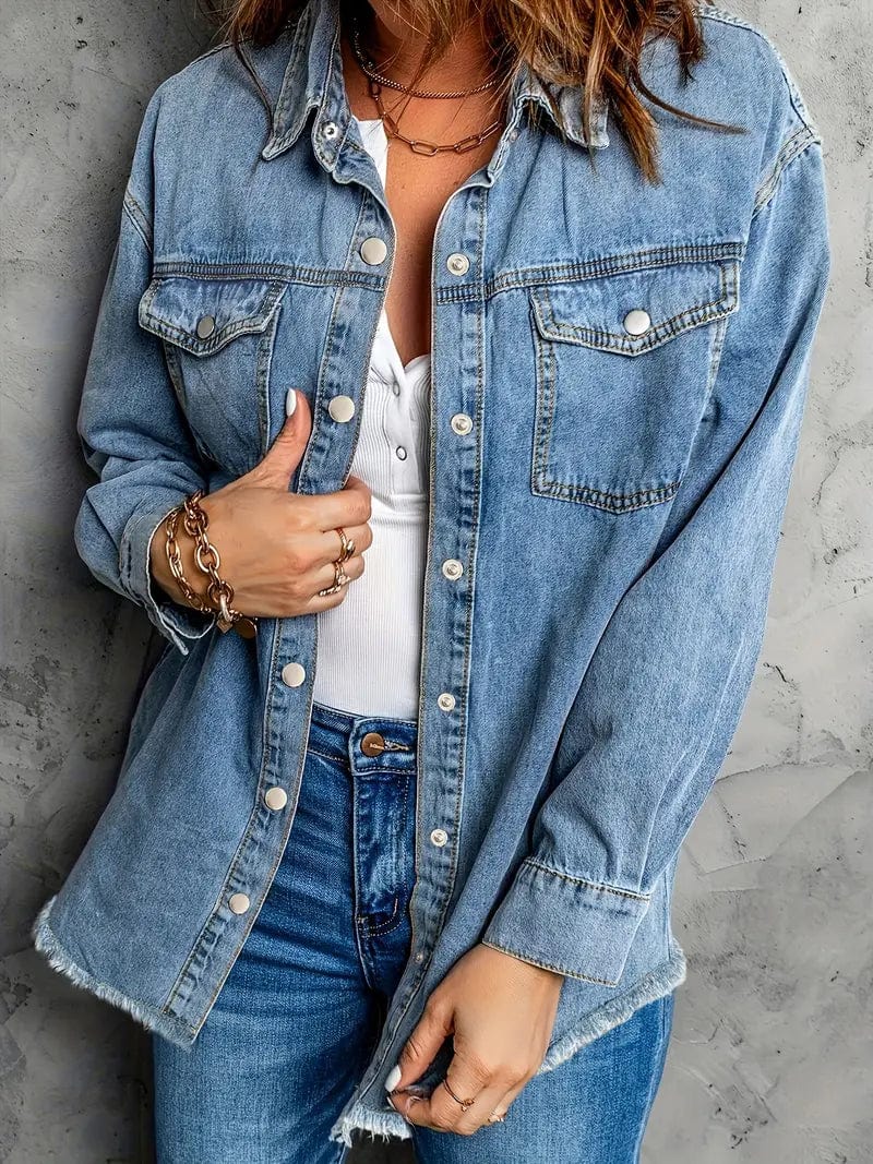Raw Hem Blue Lapel Denim Coat with Flap Pockets, Long Sleeves Casual Denim Jacket for Women