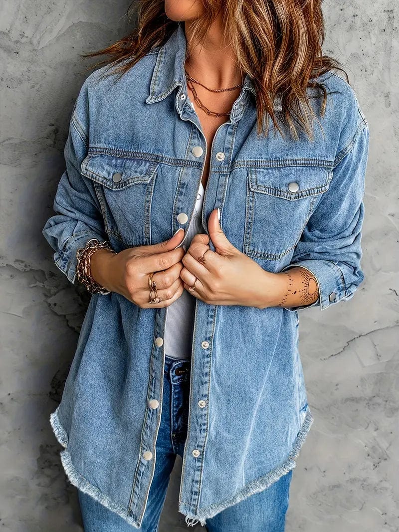 Raw Hem Blue Lapel Denim Coat with Flap Pockets, Long Sleeves Casual Denim Jacket for Women