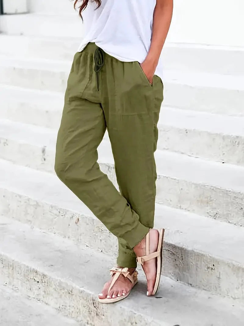 Solid Drawstring Pants, Women's Casual Long Length Trousers With Pockets