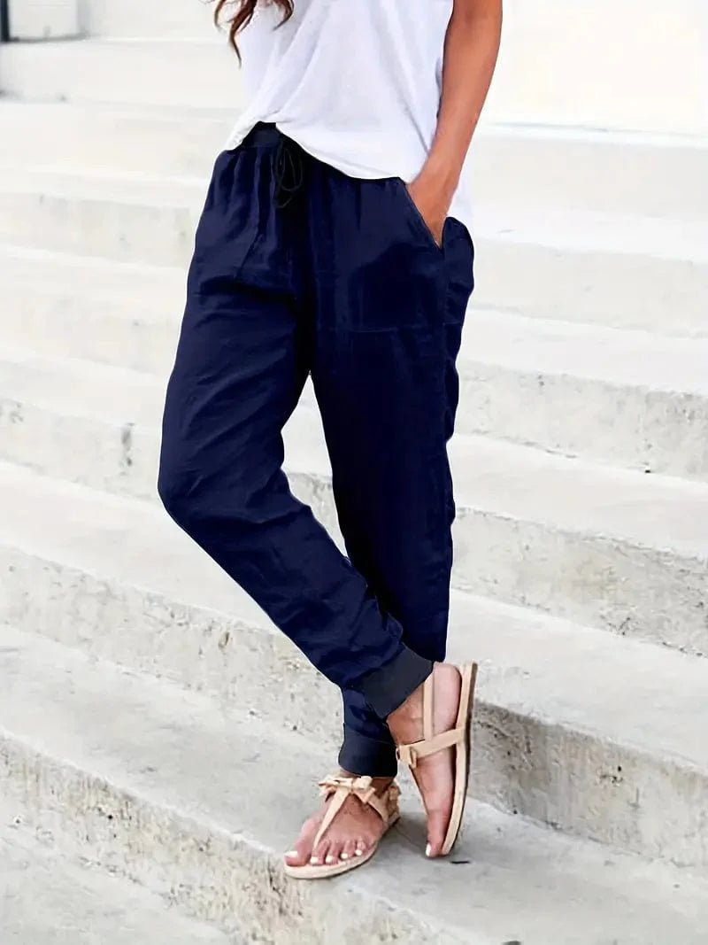 Solid Drawstring Pants, Women's Casual Long Length Trousers With Pockets