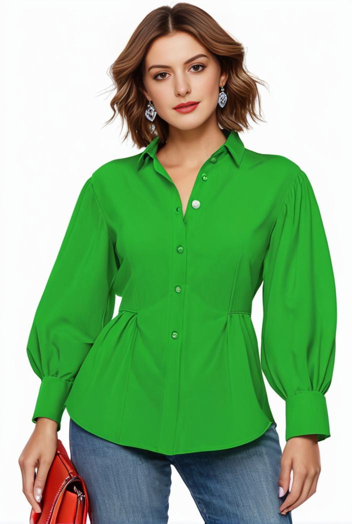plus size casual blouse women s plus solid button up lantern sleeve turn down collar nipped waist blouse 134706