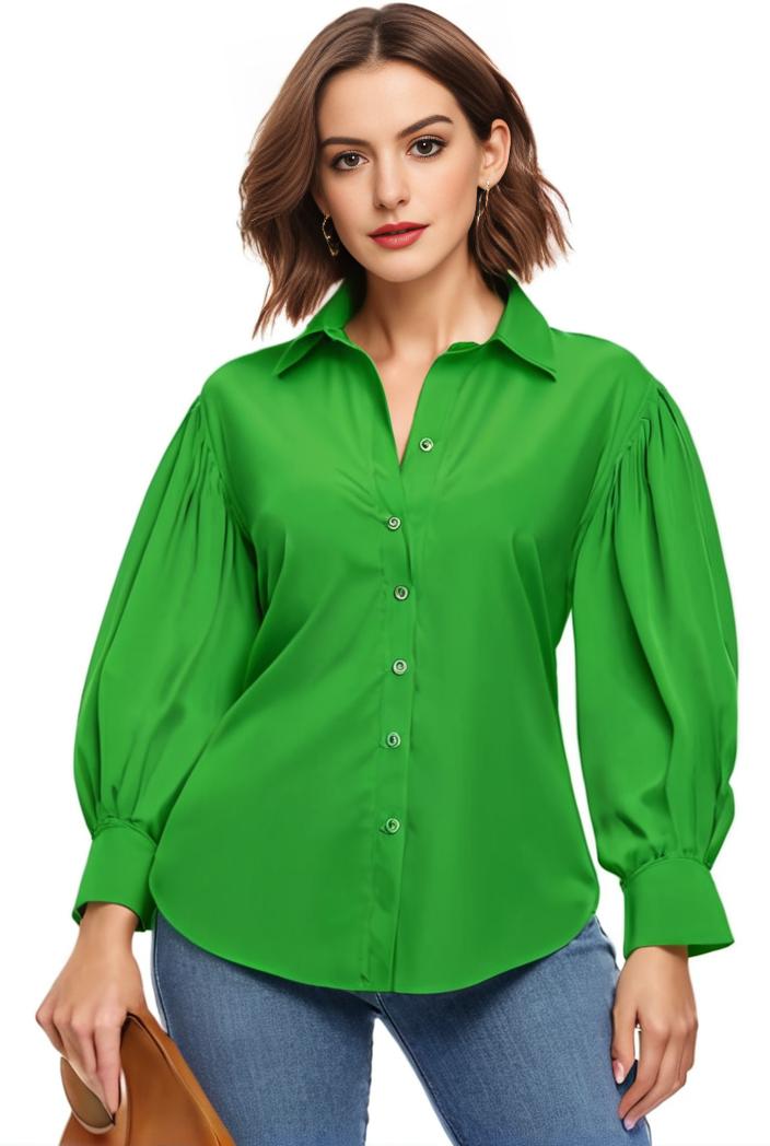 plus size casual blouse women s plus solid button up lantern sleeve turn down collar nipped waist blouse 134708