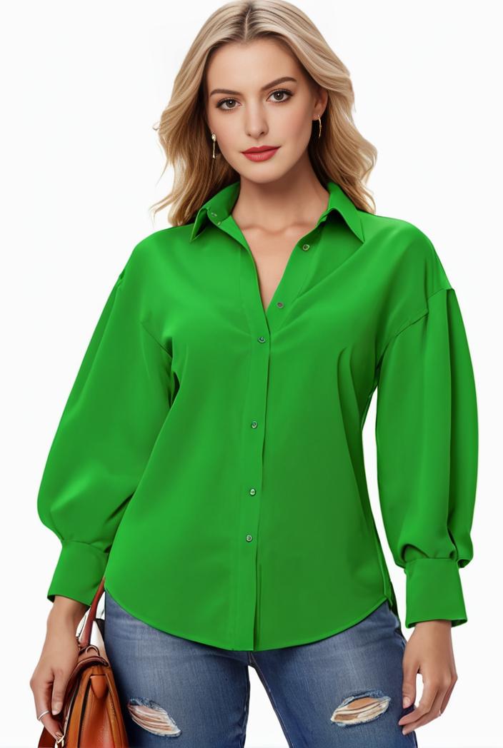 plus size casual blouse women s plus solid button up lantern sleeve turn down collar nipped waist blouse 134709
