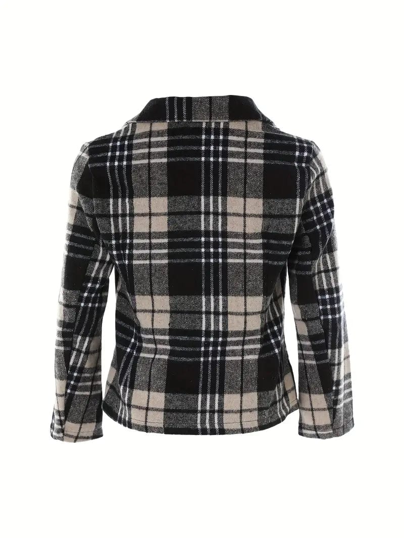 Plaid Lapel Blazer with Single Breasted Long Sleeve - Women's Outerwear