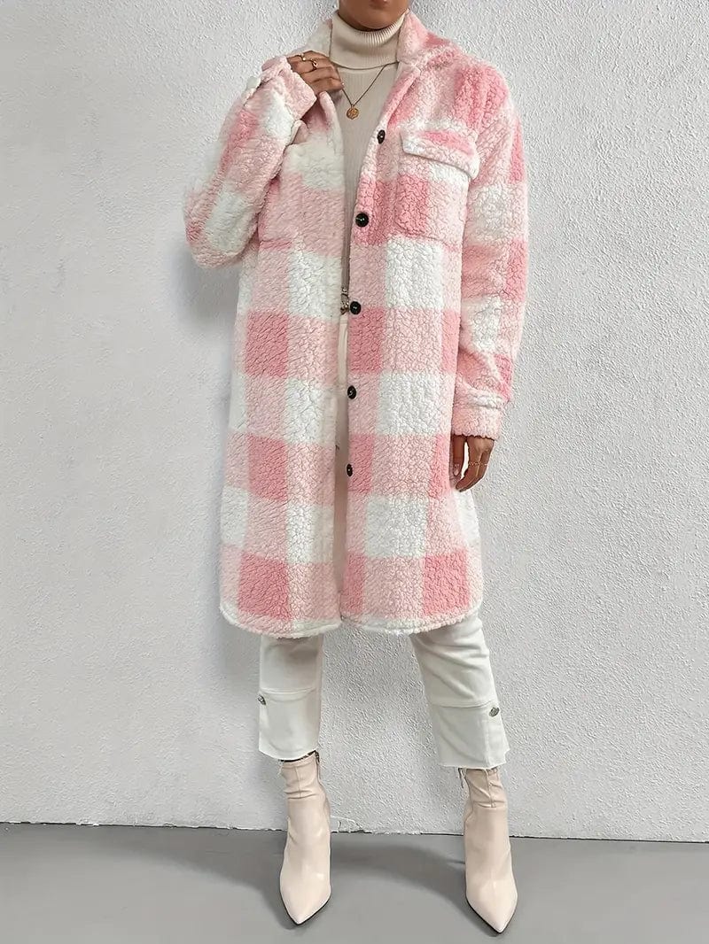 Plaid Pattern Teddy Coat, Stylish Open Front Long Sleeve Outerwear, Women's Garment