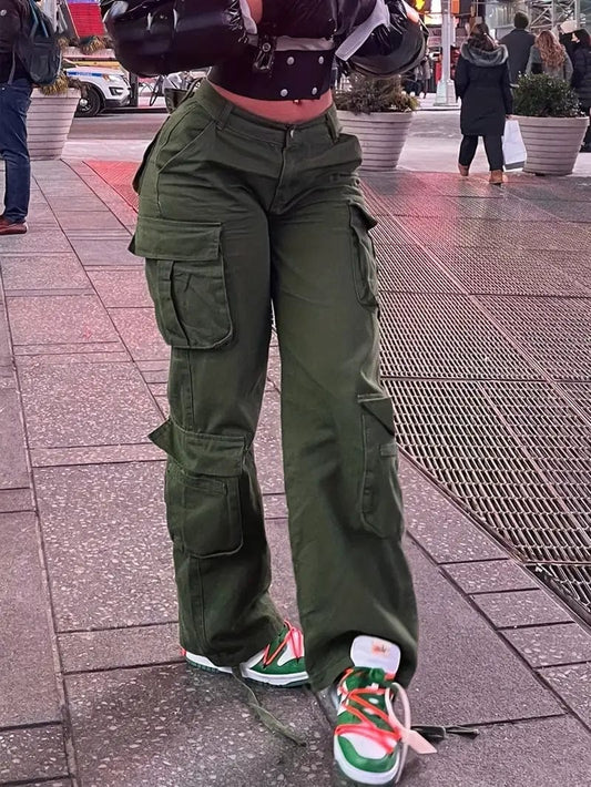 90s Retro Style Women's Cargo Overalls with High Waist and Wide Legs
