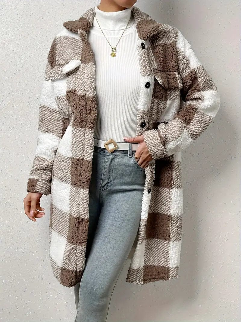 Plaid Pattern Teddy Coat, Stylish Open Front Long Sleeve Outerwear, Women's Garment