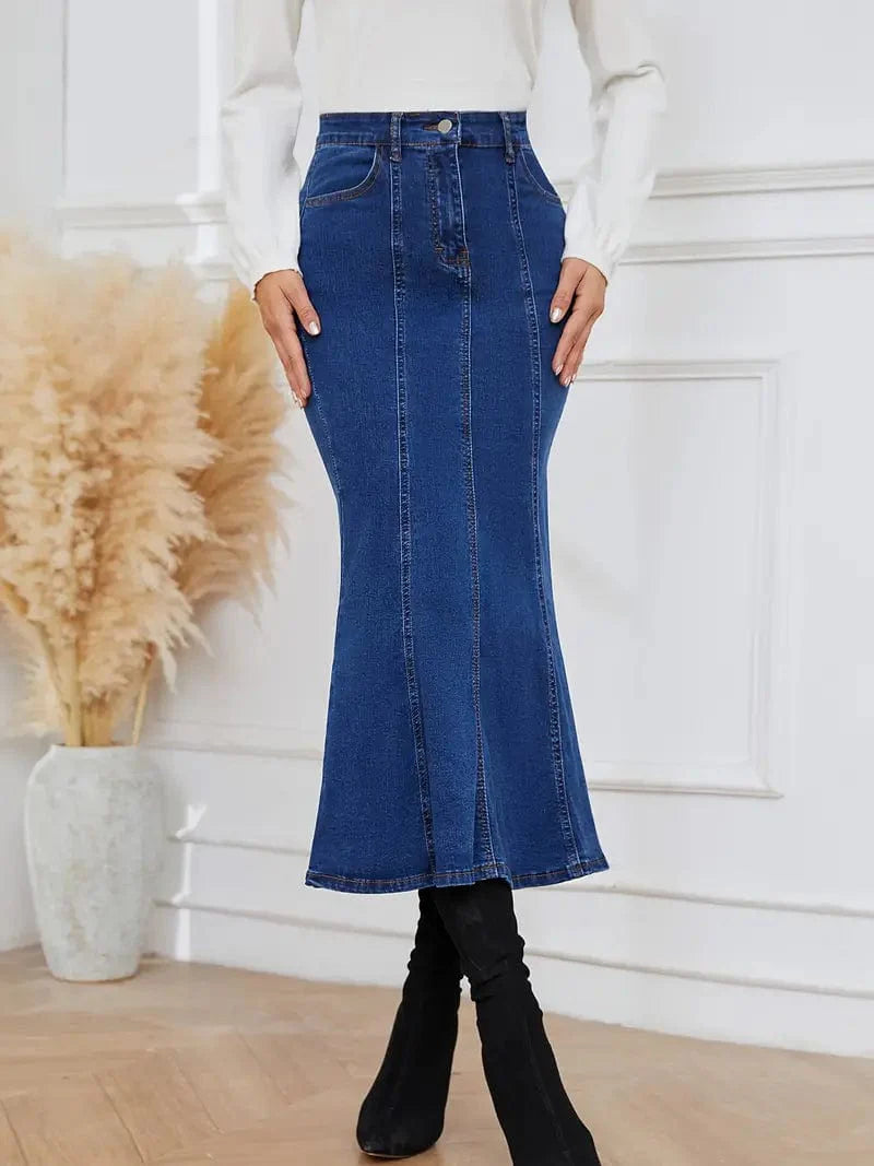 Mermaid Denim Skirt with Slant Pockets - Stretch High Waist Women's Denim Midi Skirt