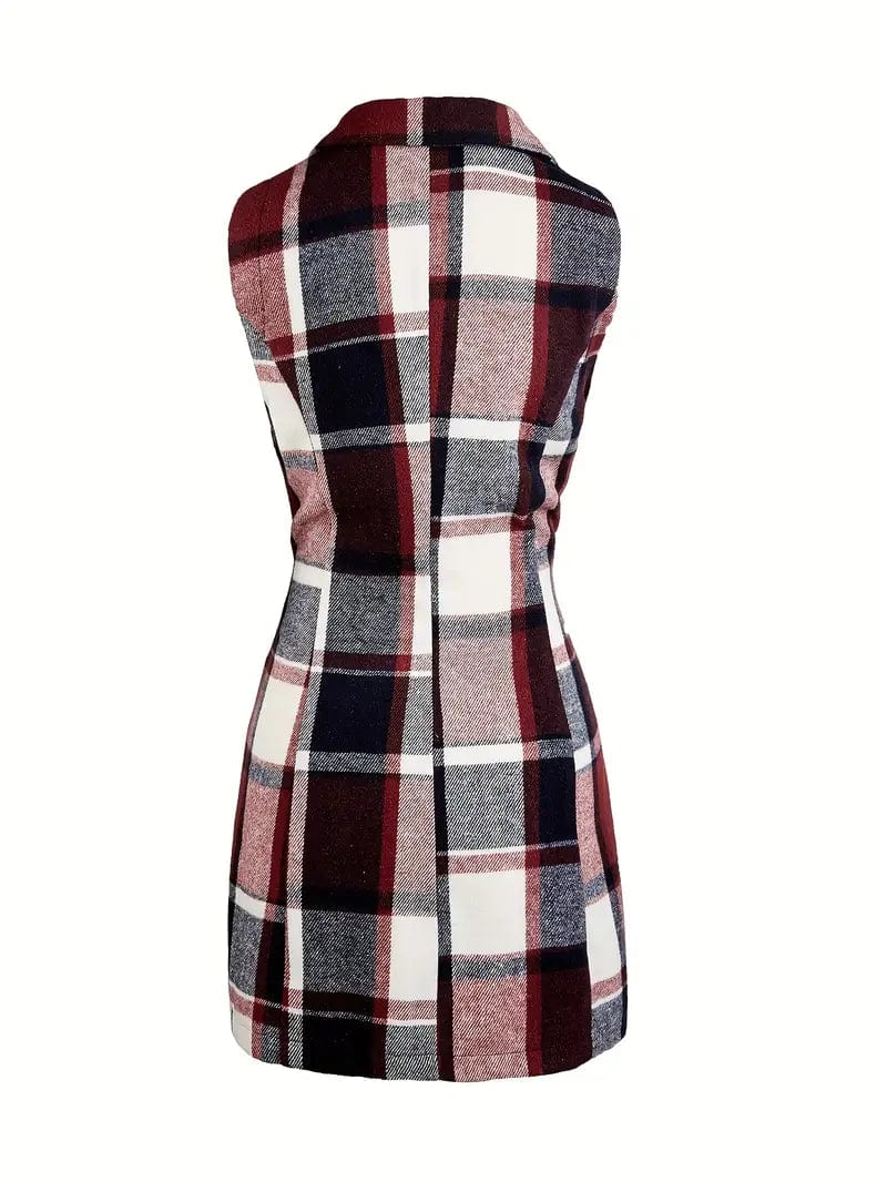 Sleeveless Plaid Lapel Blazer, Casual Single Breasted Outerwear, Women's Apparel