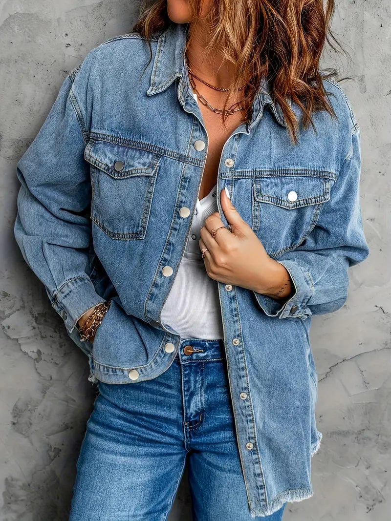 Raw Hem Blue Lapel Denim Coat with Flap Pockets, Long Sleeves Casual Denim Jacket for Women