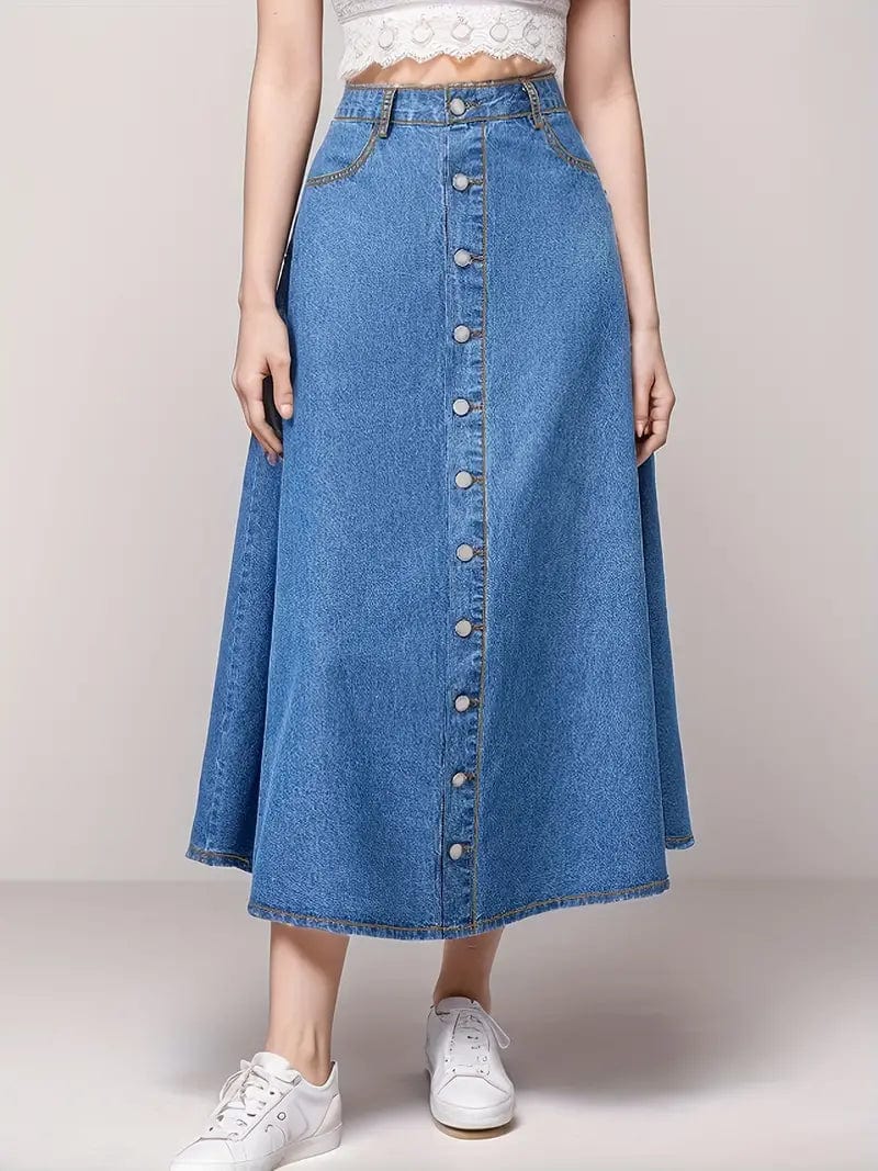 High Waist A-Line Denim Skirt with Single Button Closure, Side Pockets - Women's Midi Denim Skirt