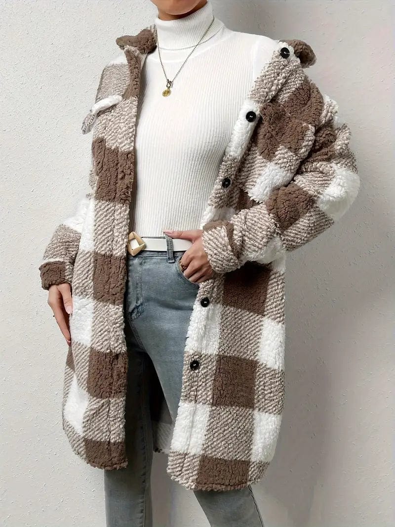 Plaid Pattern Teddy Coat, Stylish Open Front Long Sleeve Outerwear, Women's Garment