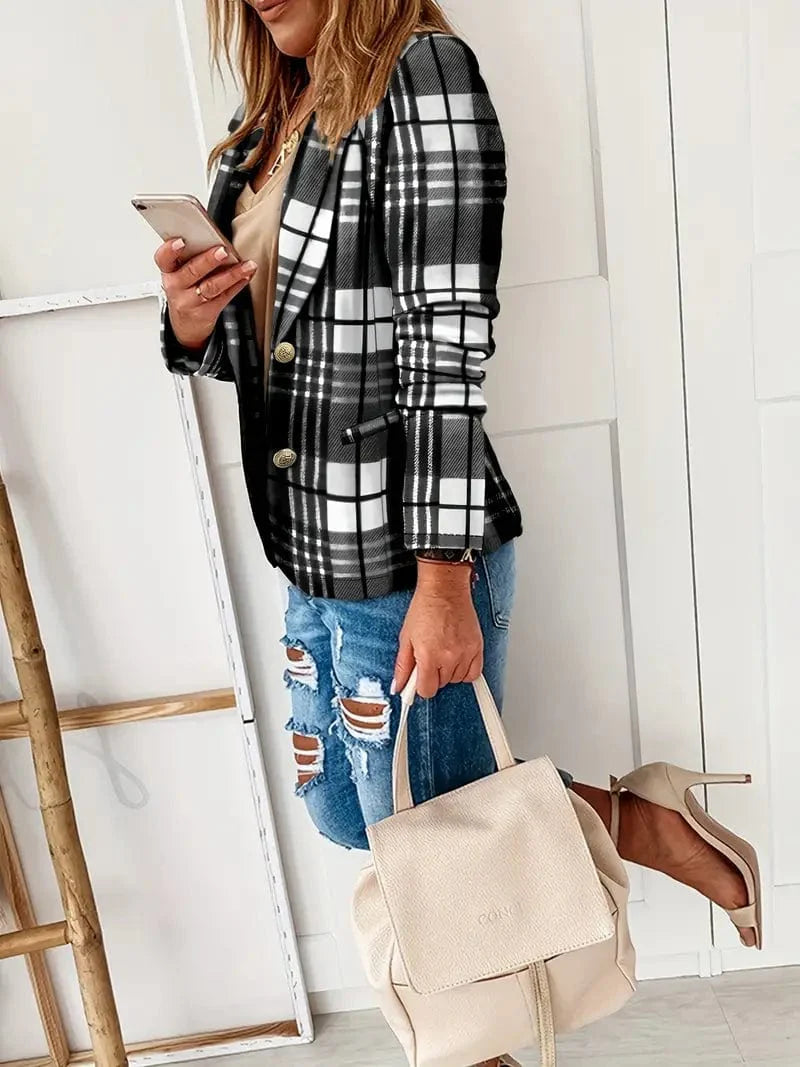 Plaid Lapel Blazer with Single Breasted Long Sleeve - Women's Outerwear