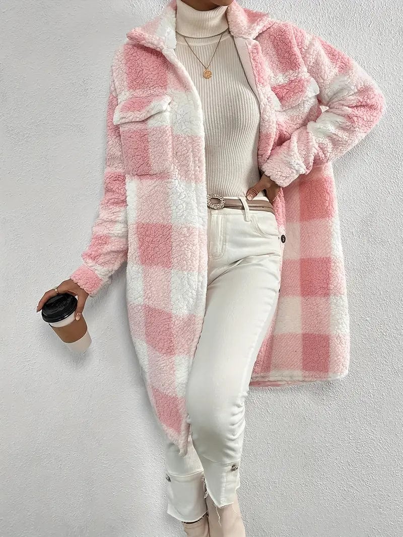 Plaid Pattern Teddy Coat, Stylish Open Front Long Sleeve Outerwear, Women's Garment