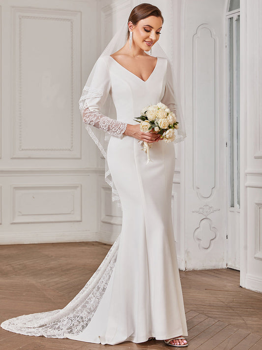 A-line Lace Wedding Gown with Long Sleeves and Plunging Neckline